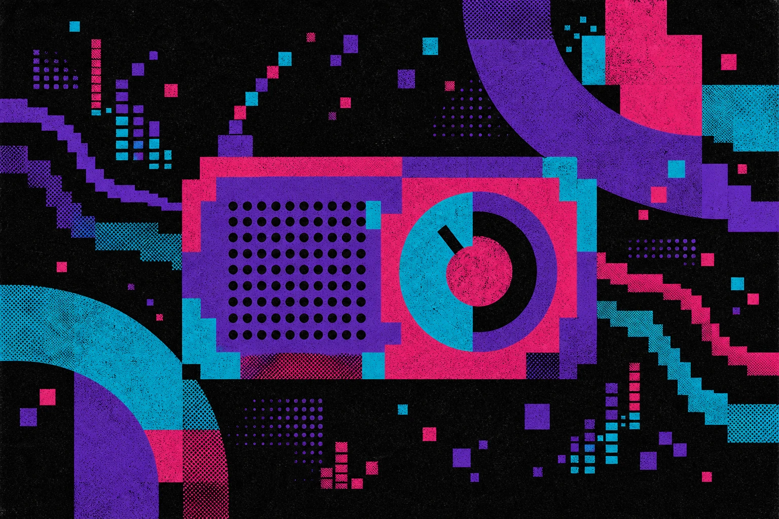 Radio abstracta magenta, violeta y cian entre ondas musicales pixeladas