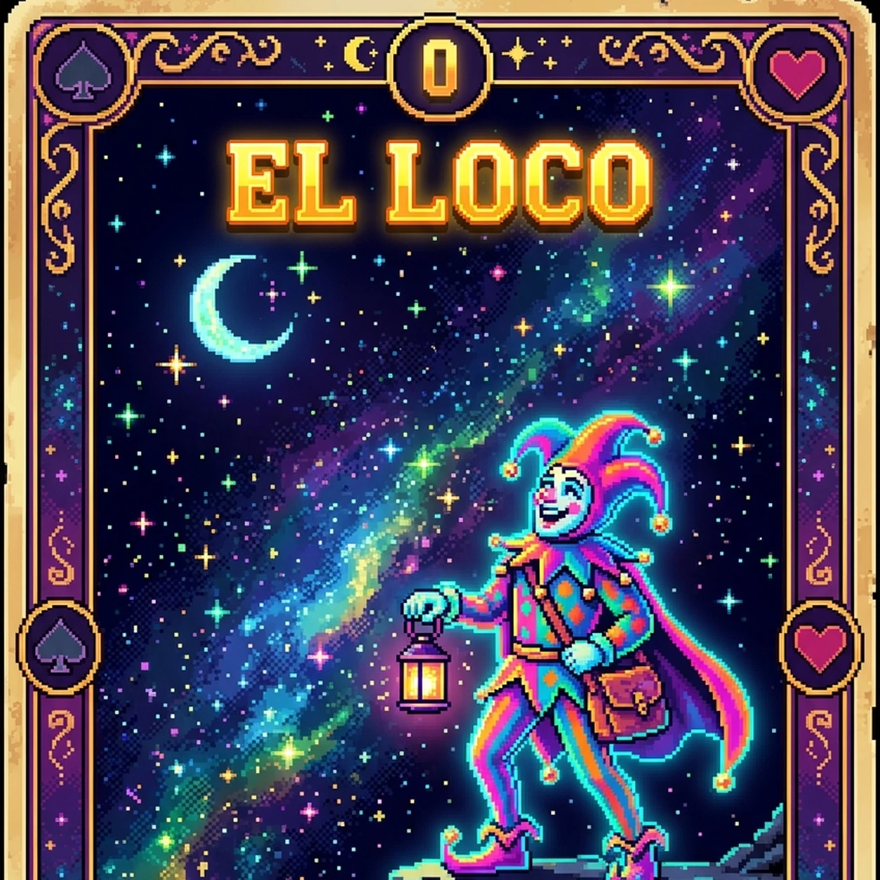 El Loco en una carta de tarot pixel art neón
