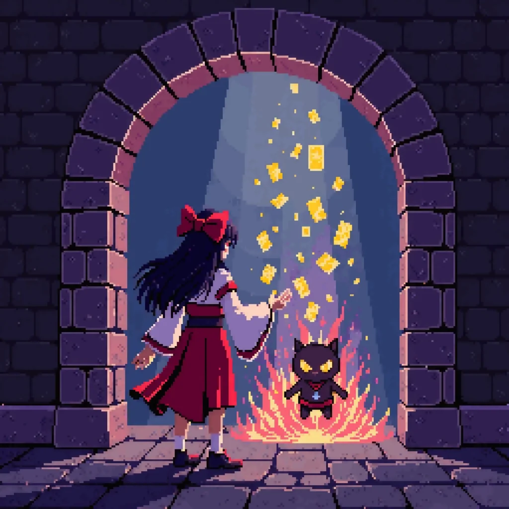 Sacerdotisa invocando cartas doradas ante un youkai de sombra en una mazmorra